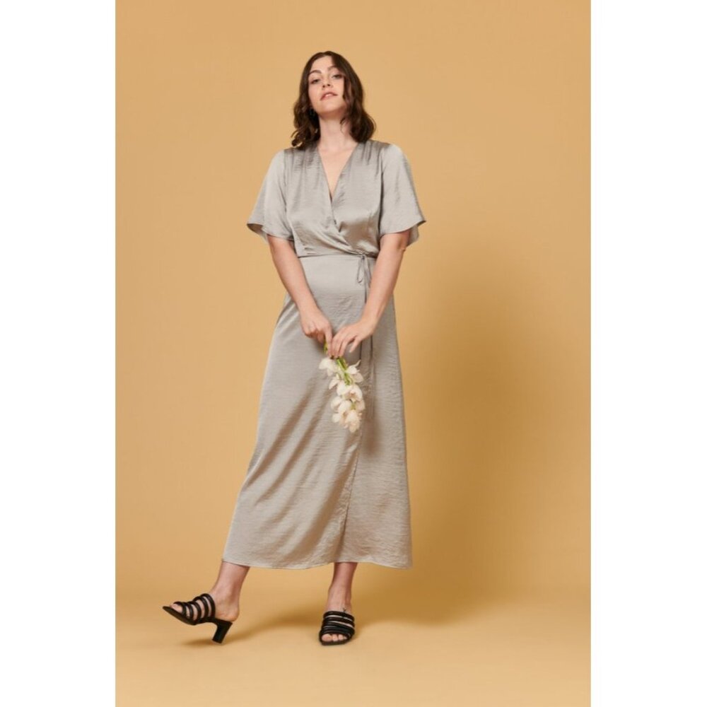 Whimsy + Row Lola Wrap Dress Deep‎ V Neck Open Back Flutter Sleeve Silver Large